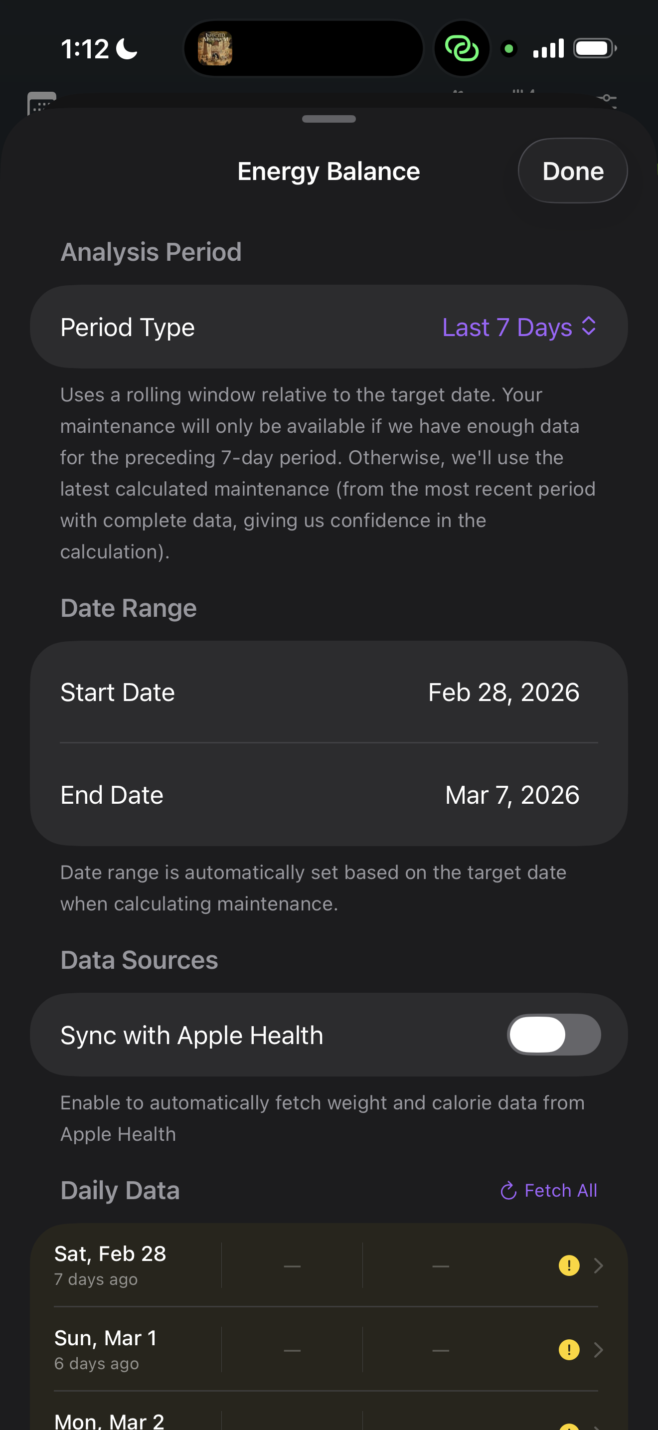 Energy balance configuration
