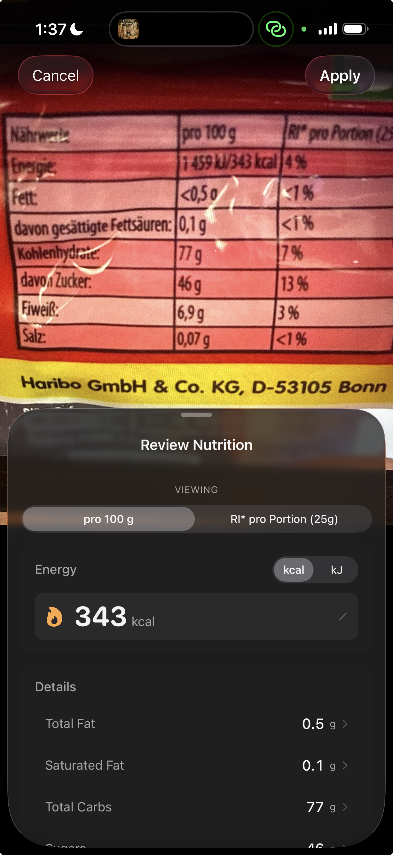 Nutrition label scanner